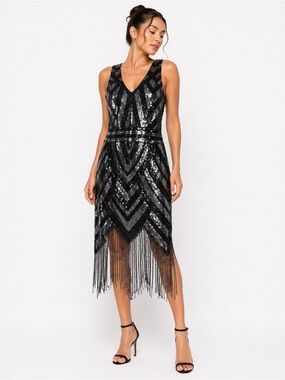 Verte Black Sequin Fringe Midi Dress Art Deco Flapper Style Size Large ✨
